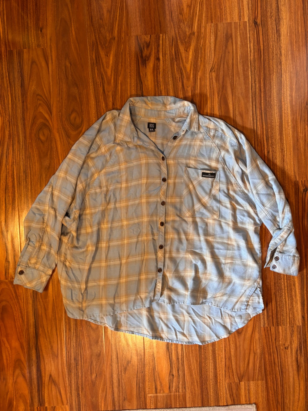BDG oversized Light Blue and Cream Plaid Button-Down Shirt